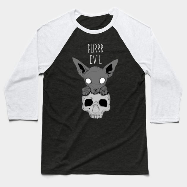Pure Evil cat on Skull Baseball T-Shirt by Jess Adams